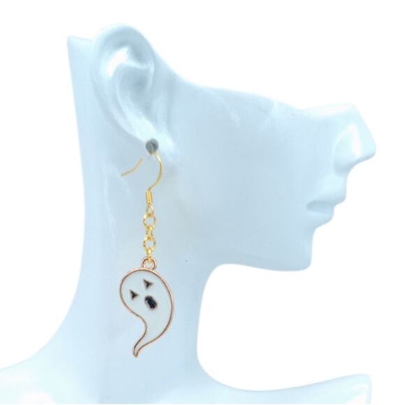 White Ghost Dangle Earrings 👻 Spooky Cute Halloween Jewelry - Picture 2 of 4